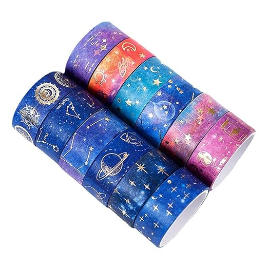12 Rolls Galaxy Washi Tape Set, Gold Foil Decorative Masking Tape for Scrapbooking, Journal, Planner, DIY Crafts, Gift Wrapping