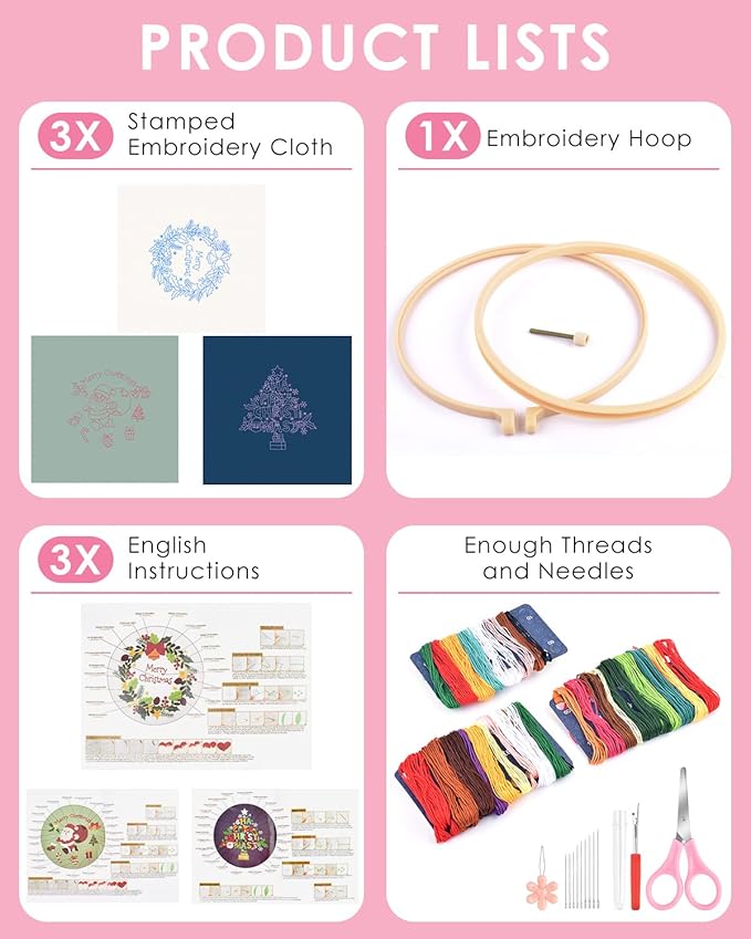 TINDTOP Christmas Embroidery Kit for Adult, 3 Sets Embroidery Stitch Practice kit Include Embroidery Cloth Hoops Threads for Craft Lover Hand Stitch