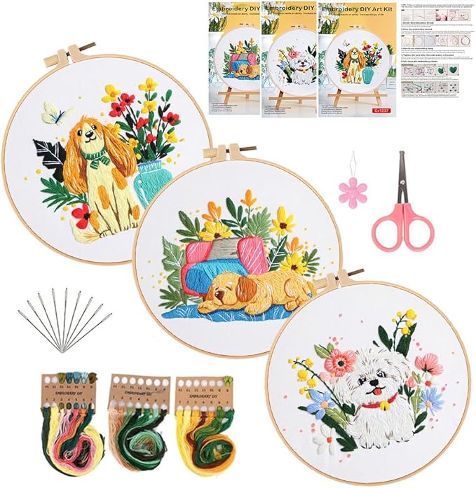 konrisa 3 pcs dog flower embroidery kits for beginners, needlepoint cross stitch kits with pattern, diy sewing practice kit, include 1pcs hoop