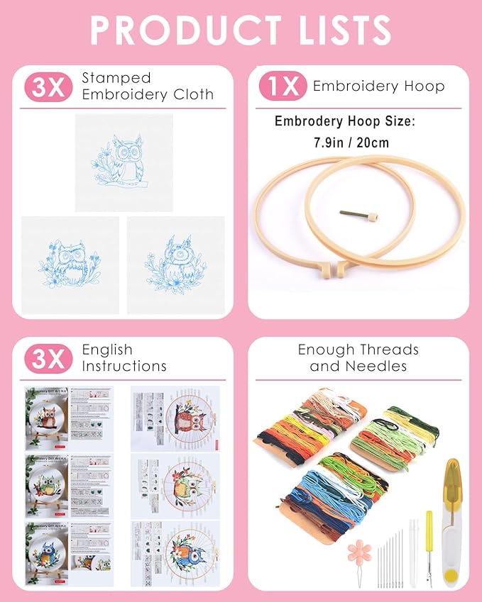 TINDTOP Embroidery Kit for Adults, Owl Embroidery Practice Kit for Adult Beginners Include Embroidery Cloth Hoops Threads for Craft Lover Hand Stitch with Embroidery Skill Techniques