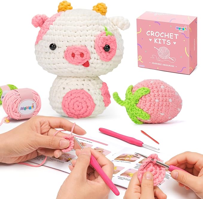 Mewaii Crochet Kit for Beginners Level 3 with 40% Extra Eco-Friendly Pre-Started Easy Yarn, Step-by-Step Video Tutorials for Adults and Kids (Strawberry Cow)