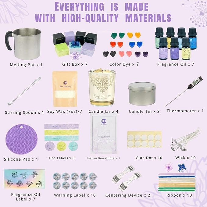 RU HANDMADE DIY Candle Making Kit for Adults – Soy Wax Candle Kit for Beginners, Make 7 Full-Size Candles with 7 Gift Boxes, 1120g Wax, 7×10ml Fragrance Oils, 4 Glass 7oz Jars & 3 Tins