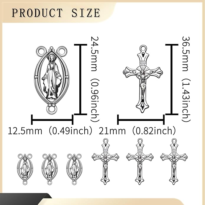 30Pcs/15Sets Alloy Rosary Kits Cross and Center Medal Charms Oval Catholic Jesus Maria Links Pendant for Diy Jewelry Making Supplies