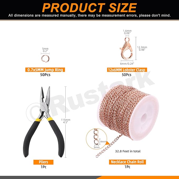 Rustark 102Pcs 4mm 30 Feet Rose Gold Jewelry Making Chains Kit Thin Necklace Bracelet Chain Twisted Links Curb Chain with Jump Rings Lobster Clasps and Pliers for Bracelet Necklace Jewelry Making