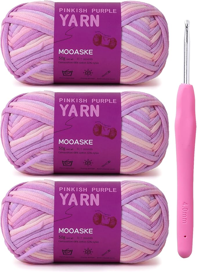 3 Pack (3 x 50g) Crochet Yarn with Crochet Hook - Worsted Medium Yarn for Crocheting - Easy-to-See Stitches Cotton-Nylon Blend Beginner Knitting Yarns for Adults and Kids