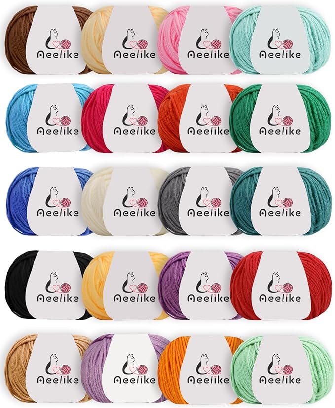 Aeelike Cotton Yarn for Crocheting, 20 PCS Multicolored Cotton Acrylic Blend Yarn Set, 4 Medium (Worsted) Crochet Yarns Bundle for Beginner Making DIY Crafts & Small Colorful Projects (Color A)