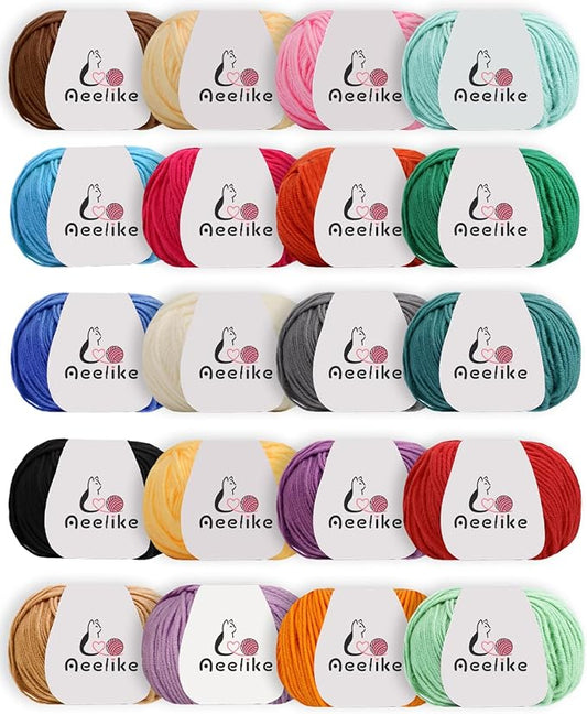 Aeelike Cotton Yarn for Crocheting, 20 PCS Multicolored Cotton Acrylic Blend Yarn Set, 4 Medium (Worsted) Crochet Yarns Bundle for Beginner Making DIY Crafts & Small Colorful Projects (Color A)