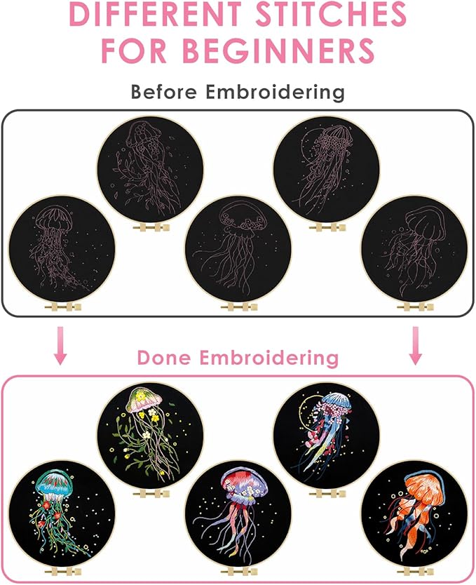 TINDTOP Embroidery Kit for Adults, 5 Sets Jellyfish Embroidery Kit for Beginners Include Embroidery Cloth Hoops Threads for Craft Lover Hand Stitch with Embroidery Skill Techniques