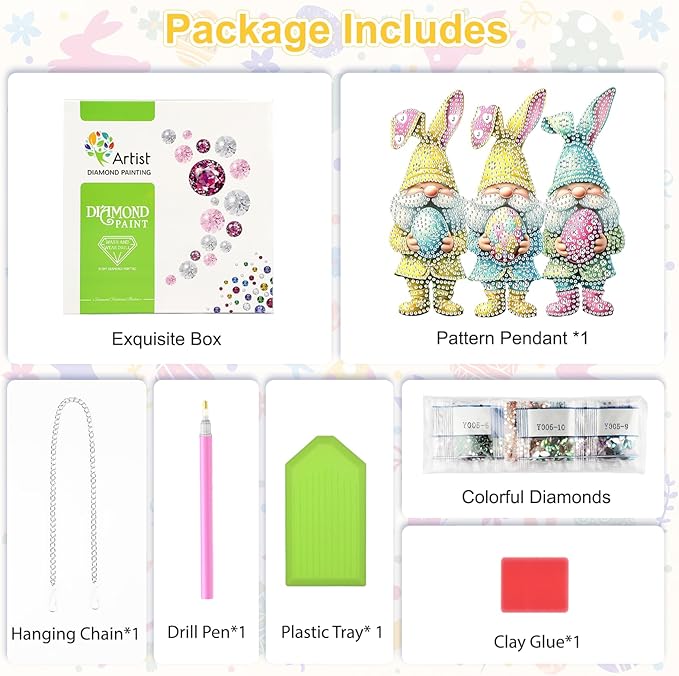 Easter Gnome Diamond Art Hanging Ornaments Kits for Adults, Diamond Painting Pendant Kits, DIY Acrylic 5D Special Shaped Crystal Gem Art Painting Ornament for Home Wall Easter Decor Gift 8x8 Inch