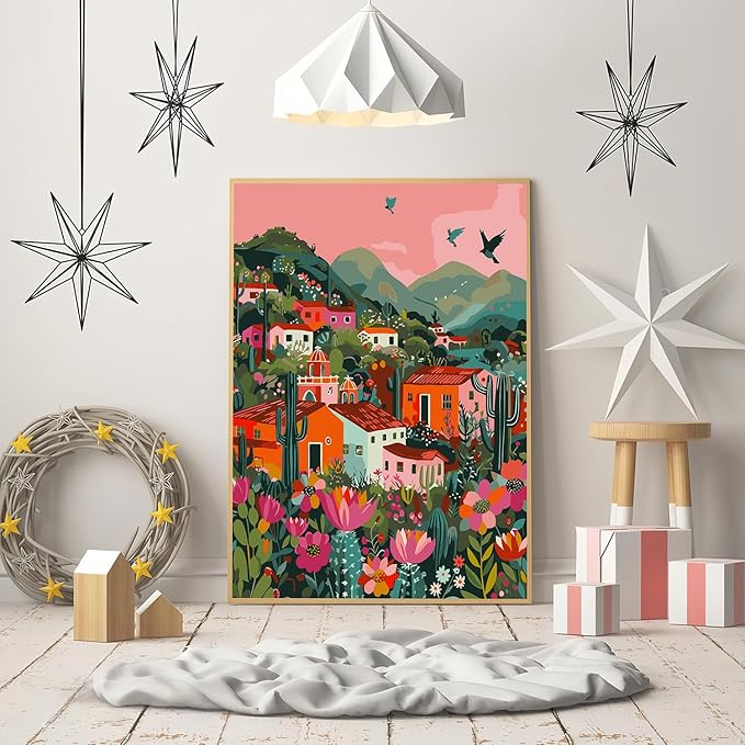Paint by Numbers Kit for Adults Beginner, Mexican Village Building Adult Paint by Number Kits on Canvas, DIY Acrylic Oil Easy Painting by Numbers for Home Wall Decor 16X20 inch (Without Frame)