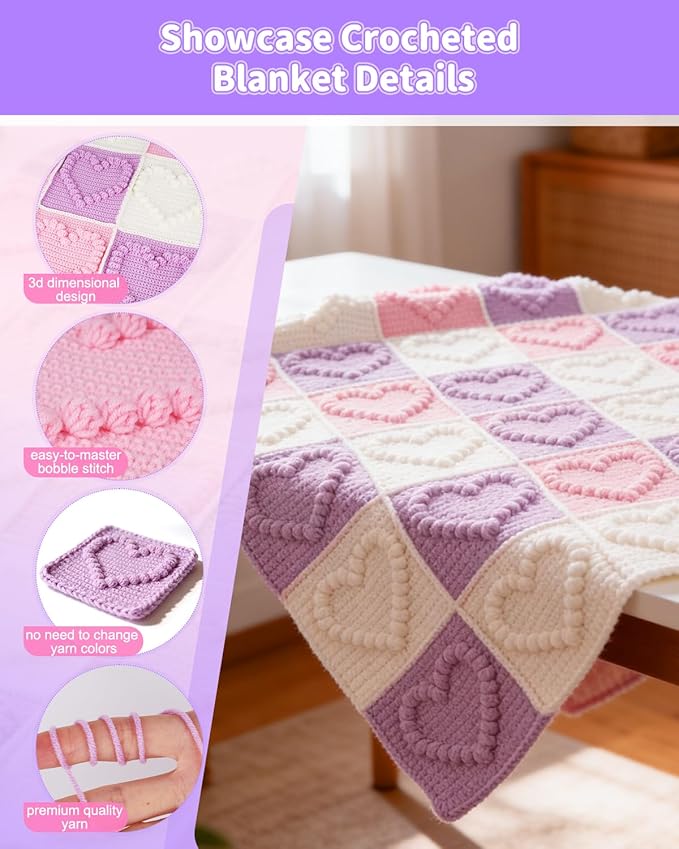 Coopay Crochet Blanket Kit for Beginners - 3D Love Granny Square Crochet Kit with Step-by-Step Video & Enough Yarns, Easy Bobble Blanket Kits for Adults, Ideal Gift for Craft Lovers (Pinkish-Purple)