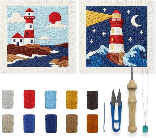INFUNLY 2PCS Sea Lighthouse Punch Needle Embroidery Kit for Beginners Beacon DIY Punch Needle Starter Kit Lighthouse Handcraft Hooking Set with Pattern Instruction for Festival Gift Home Decor