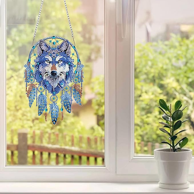 MAXBYE Diamond Art Kits for Adults Hanging Pendant, Wolf Dreamcatcher DIY Special Shaped Diamonds Painting Double Sided Rhinestone Gem Art for Beginners Gift Window Wall Door Decoration 8×8 Inch