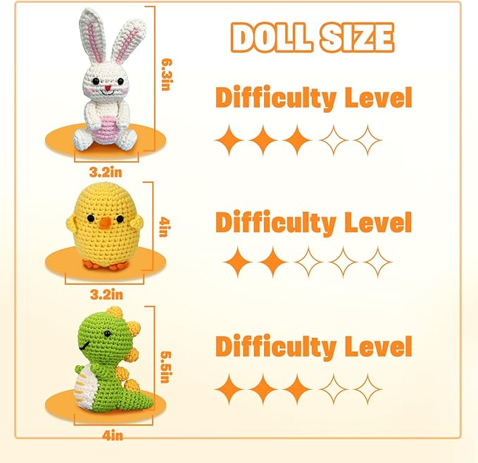 wokdsbl Crochet Kit for Beginners with Upgraded Premium Custom Yarn and Step-by-Step Video Tutorials, Ideal DIY Craft Gift, Crochet Animal Kits for Easter Egg Fillers (Bunny & Chick & Dinosaur)