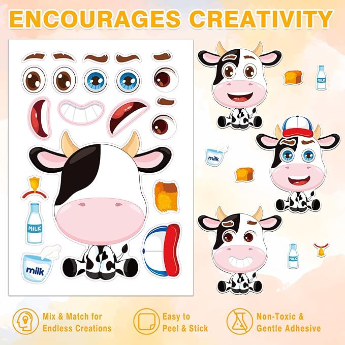 aowplc 48 pcs make-a-face sticker sheets for kids 12 animal designs for party favors crafts activities & goodie bag stuffers