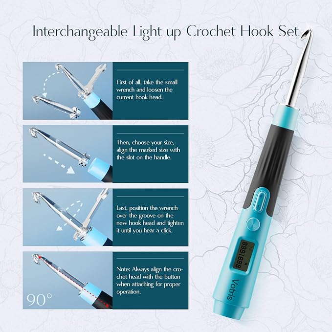 Votris 18 in 1 Counting Crochet Hooks, Light up Crochet Hook Set with Digital Stitch Counter 2.0mm-14.0mm, Rechargeable & Interchangeable Heads Lighted Crochet Hook Set, Ergonomic Handles for Beginner