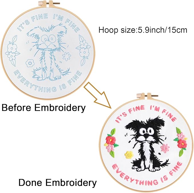 Louise Maelys Funny Dog Embroidery Kits for Beginners,Cross Stitch Kit for Adults,DIY Needlepoint with Cute Animal Pattern -It's Fine I'm Fine Everything is Fine