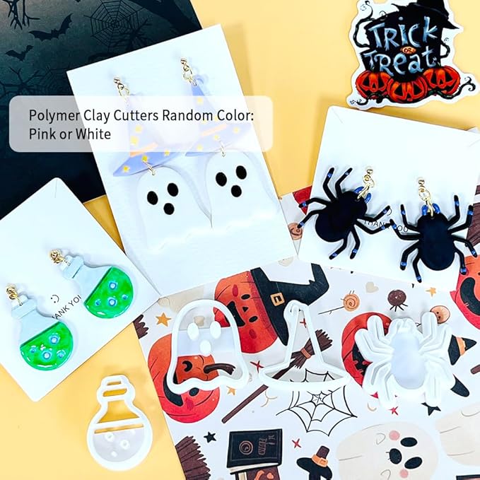 Xaekicr Halloween Polymer Clay Cutters Set – 8Pcs Halloween Clay Earring Cutters with Ghost, Witch Hat, Bat, Spider – Polymer Clay Molds & Clay Tools for DIY Jewelry