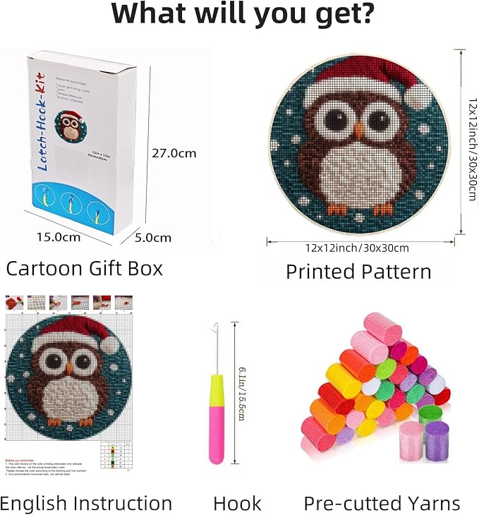 Latch Hook Rug Kit Cute Cartoon Owl Wear Christmas Hat Easy for Beginners Round Shape Carpet Crochet Yarn Craft Mini Rug DIY Hook and Latch Little Tapestry for Home Decor 30x30cm-1