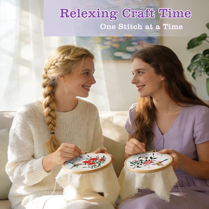 Embroidery Kit for Beginners,3 Pack Hummingbird and Flower Cross Stitch Kits for Adults,Needlepoint kit with Stamped Patterns,Hoop,Threads for Craft Lover,Hand Stitch with Embroidery Skill Techniques