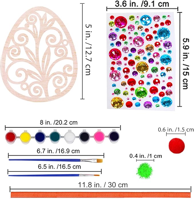 32 Sets Wooden Easter Ornaments Decorations DIY Easter Craft Kits Assorted Paintable Unfinished Wood Laser Cut Easter Egg Ornaments Pom-poms for Kids Easter Spring Classroom Home Activity Art Project