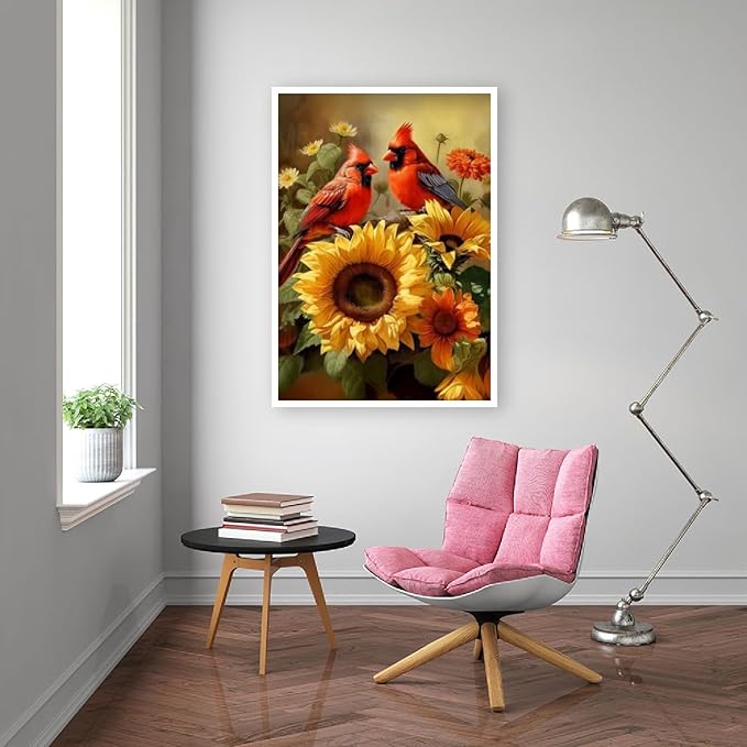 Mrnsiet Diamond Painting for Adults Kits, 5D Cardinal Diamond Art Kits for Beginners, DIY Full Drill Sunflowers Diamond Gem Art Kits for Home Wall Decor 12x16 Inch