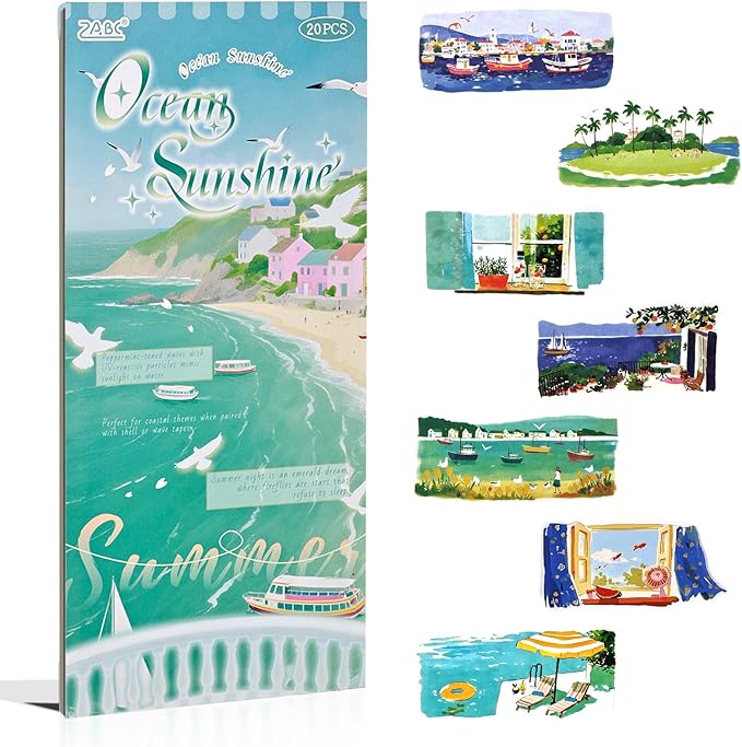 20 Sheets Diecut Summer Scenery Scrapbook Sticker Book for Scrapbooking, Dual Materials - PET and Washi Stickers for Journaling, Junk Journal Supplies, Collage, 4.5X 9.8 Inches
