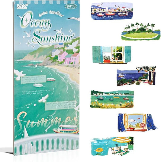 20 Sheets Diecut Summer Scenery Scrapbook Sticker Book for Scrapbooking, Dual Materials - PET and Washi Stickers for Journaling, Junk Journal Supplies, Collage, 4.5X 9.8 Inches