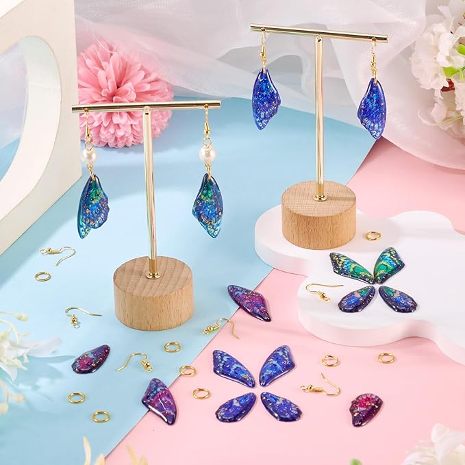FASHEWELRY 12Pcs Resin Fairy Wing Earring Charms Purple Turquoise Blue Butterfly Wing Pendants Insect Print Feather Charms with Jump Rings Earrings Hooks for DIY Earring Jewelry Making