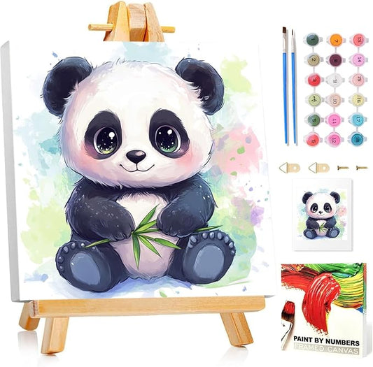 Paint by Numbers Kit for Kids with Frame, Panda Paint by Numbers for Kids Ages 4-8-12, DIY Panda Acrylic Oil Painting for Home Wall Art Decor Gift 7.8x7.8 inch (with Frame Easel)