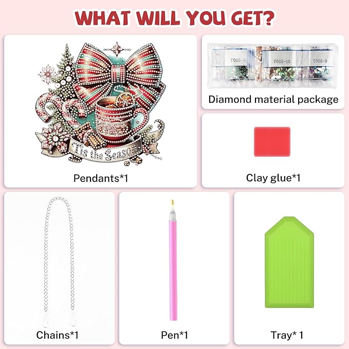 Bowetile Christmas Diamond Art Hanging Kits for Adults, Diamond Art Suncatchers Hot Tea, 5D Special Shape Diamond Painting Pendant Window Ornament Christmas Gifts for Home Door Wall Decor
