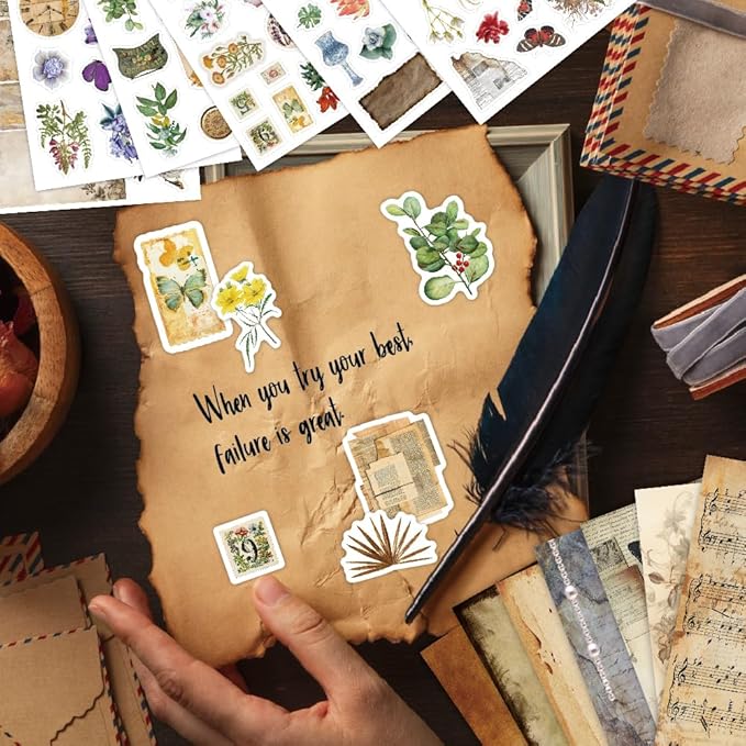 347Pcs Journaling Stickers and 20 Sheets Scrapbook Paper, Vintage Scrapbooking Kit, Plant Flower Butterfly Background Ephemera for Junk Journal Supplies, Planners, Bujo, Collage Art