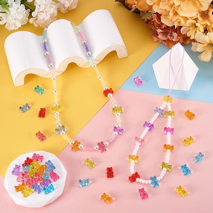 FASHEWELRY 200pcs Clear Acrylic Bear Beads Mixed Color Transparent Gummy Bear Spacer Beads Mini Cute Bears Loose Beads Bulk for Bracelet Necklace Earring Jewelry Making