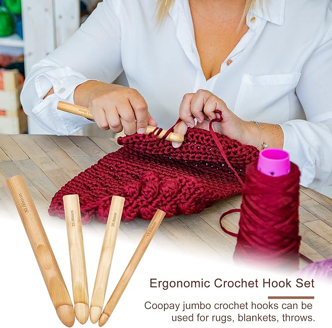 Coopay Large Crochet Hooks 15mm 20mm 25mm 30mm Wooden Crochet Hook Set for Chunky Yarn, Sturdy Big Bamboo Crochet Needles for Crocheting Huge Crochet Hooks for Thick Blanket & Large Project