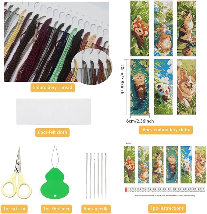 NEGEKFKX 6 Pcs Animal Cross Stitch Bookmark Kit for Adult Beginners,Cross Stitch Kits 14 CT DIY Crossstitch Kits Adult Stamped Bookmark Embroidery Bookmarks Kit