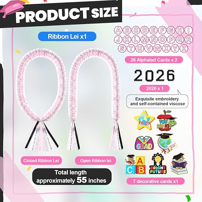 Juexica Kindergarten Graduation Ribbon Leis Class of 2026 Braided Necklace Making Kit with Alphabetic Decorative Cards Preschool Kids Grad Graduation Party Gifts(Pink, White)