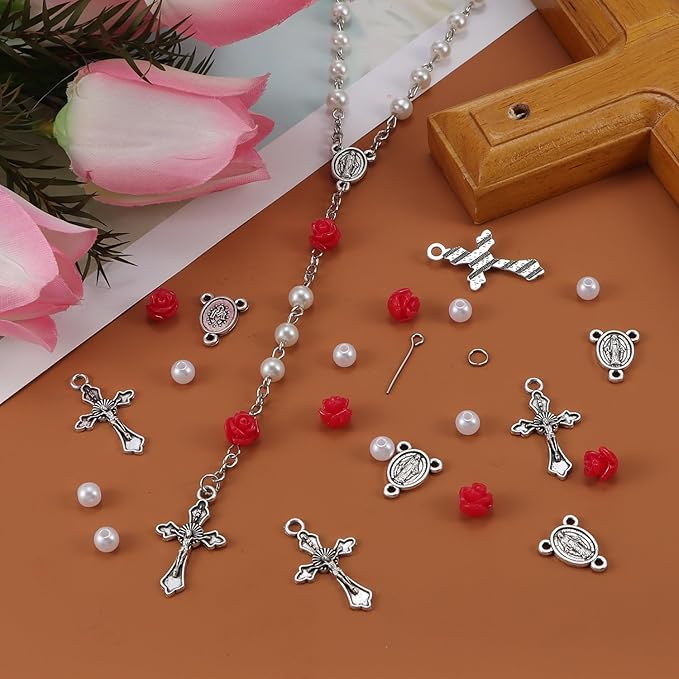 OEMOO 1410PCS Rosary Jewelry Making Kit Rosary Prayer Making Supplies Carved Rose Beads Cross Centerpiece Crucifix Medal Kit First Communion Necklace Set for Rosary Necklace Jewelry Making (White)