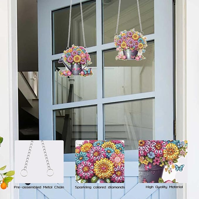2 Pack Floral Diamond Painting Hanging Decorations – 5D DIY Flower Pot & Watering Can Wall Art, Special Shaped Diamond Art Kit with Hanging Chains, Garden-Inspired Decor for Home & Gift