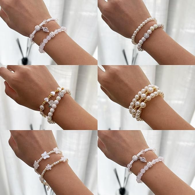 1900PCS Pearl Beads for Bracelets, Beige Acrylic Round Beads for Jewelry Making Gold Spacer Bead Pumpkin Heart Flower Bow Buterfly Bead Flower Charms for DIY Crafts