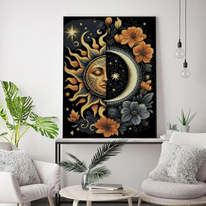 mybisymqq stamping cross stitch kit sun and moon, round counting cross stitch kit for adult beginners, full line diy cross stitch stitching kit for home decor cross stitch patterns 11.8x15.7inches