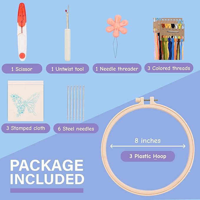 Butterfly Embroidery Kit for Beginners – DIY Embroidery Set with 3 Hoops, Colorful Stamped Patterns, Needles, Thread, Scissors – Hand Embroidery Kit for Adults, Teens, Women – Easy Cross Stitch Craft