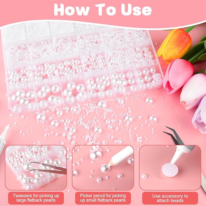 NEBURORA 13000 Pcs White Flat Back Pearl Kit 8 Sizes with Tweezer and Picker Pencil Flatback Pearl Beads Half Round Pearls for Crafting DIY Crafts Nails Makeup Shoes Phone Case
