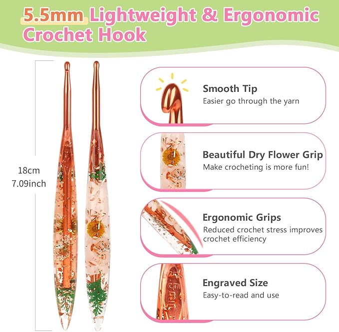 Katech 5.5mm Crochet Hooks with Floral Pattern-Elegant &Unique Crochet Needles-Longer Smooth Glide Crocheting Hook for Arthritic Hands, Beginners & Professional Ideal Crochet Gift(H)