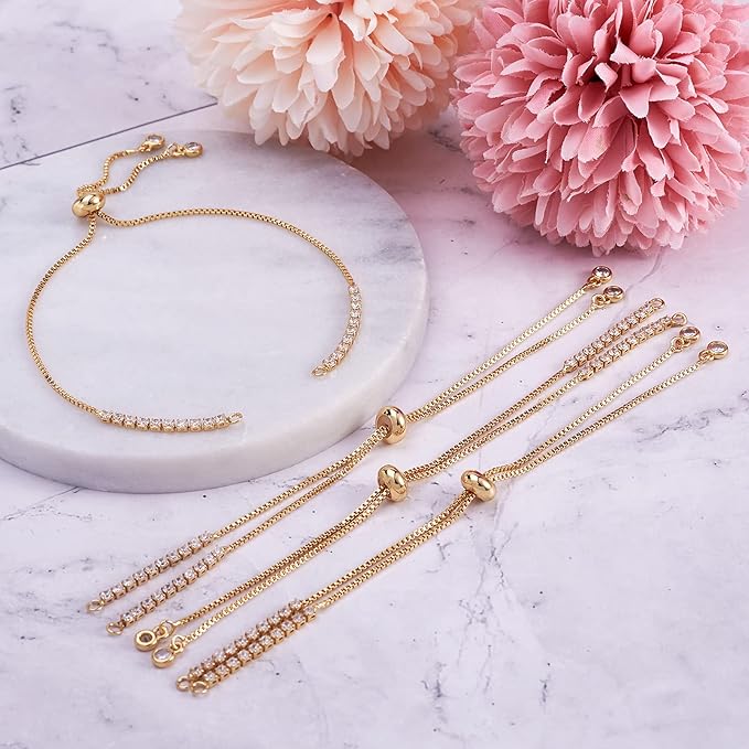 FASHEWELRY 10 Strands Adjustable Brass Bracelet Slider Extender Chains Micro Pave with Cubic Zirconia Ends 11"(280mm) Golden Plated for DIY Jewelry Making