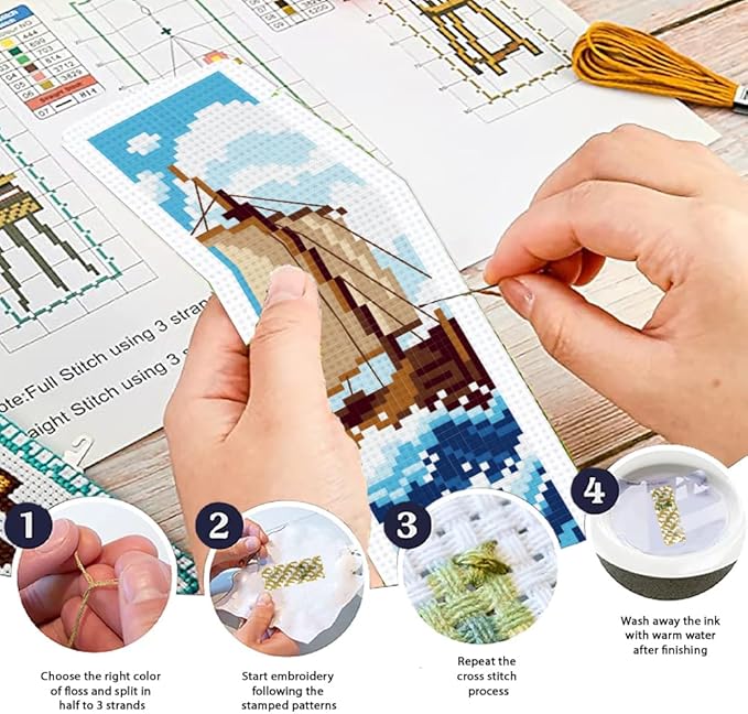 ORIGACH 6 Set Ocean Wave and Nautical Cross Stitch Bookmark Kit for Beginner with Backing Felt Floss Instructions DIY Stamped Embroidery Bookmark Kit for Adults, Book Lovers