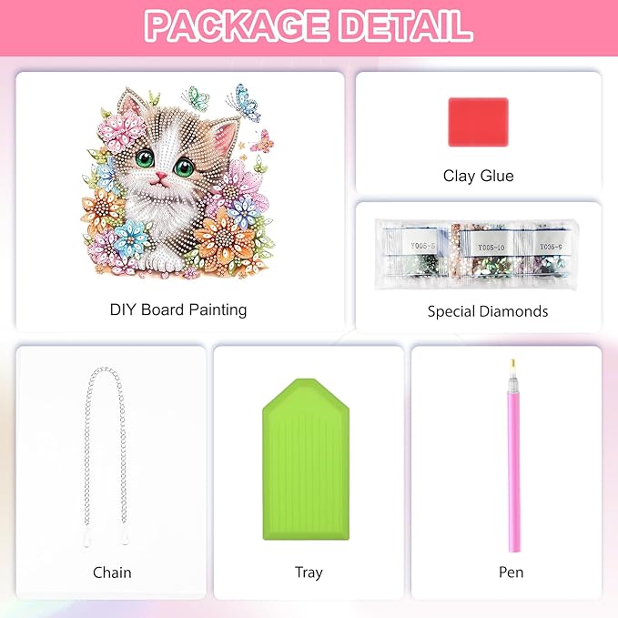 QENSPE Cute Cat Diamond Art Hanging Kits for Adults, 5D Special Shape Diamond Paingting Ornaments Kits with Chain, DIY Flowers Crystal Window Pendants for Home Garden Wall Decor Double Sided 8X8 inch