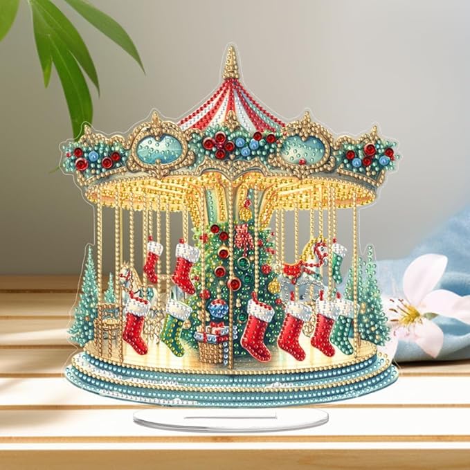 LAKEQUILL Christmas Diamond Painting Kits, Tabletop Ornament, Stand Up Diamond Art Desktop Kits for Home Office Decor, New Year Gift - Xmas Carousel