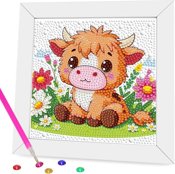 Dlylust Highland Cow Diamond Art Kits for Kids with Frame, Gem Art for Kids Ages 4-8-12, Easy Diamond Painting Kit with Beautiful Package for Gift Home Wall Decor