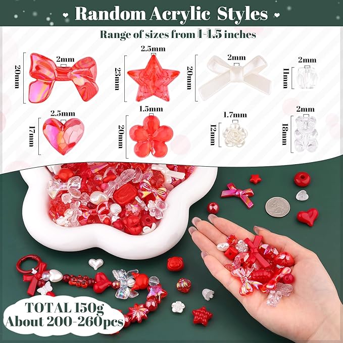 200-260PCS TINKRSTUFF Assorted Acrylic Beads Red Cute Beads for Bracelet Making,Aesthetic Star Flower Bow Butterfly GummyBear Kawaii Charms for Jewelry Necklace Making DIY Keychain Phone Charm Bulk