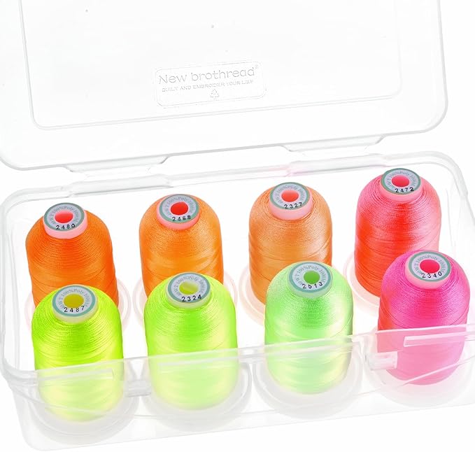 New brothread - 20 Options - 8 Snap Spools of 1000m Each Polyester Embroidery Machine Thread with Clear Plastic Storage Box for Embroidery & Quilting - Neon Color